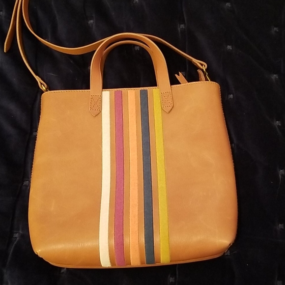 the transport stripe embroidered zip top crossbody tote